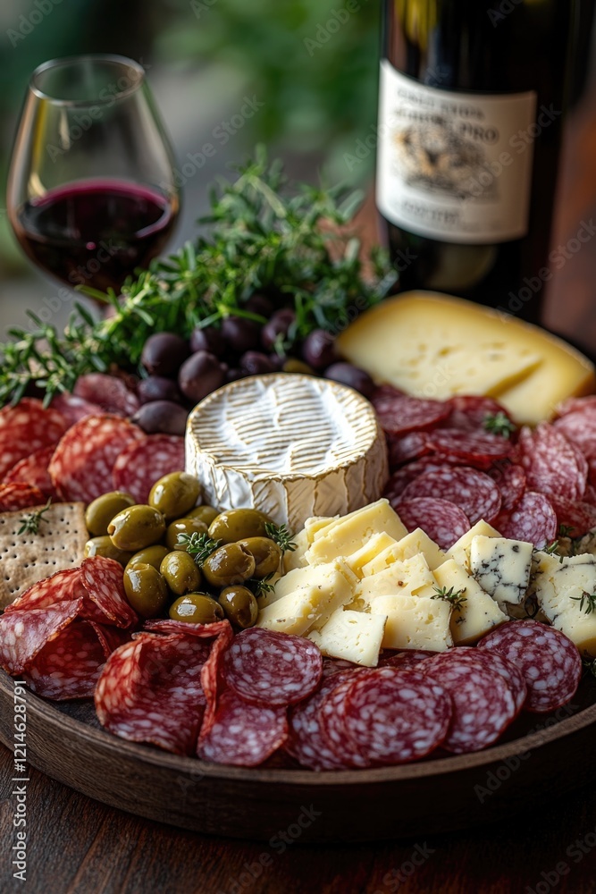 A platter of various foods including meat, cheese, olives, and bread