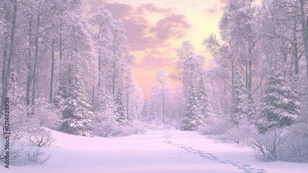Fototapeta premium Serene Winter Morning in Snow-covered Pine Forest - Cinematic Sunrise Scene with Delicate Pastel Sky and Intriguing Footprints Leading Inward