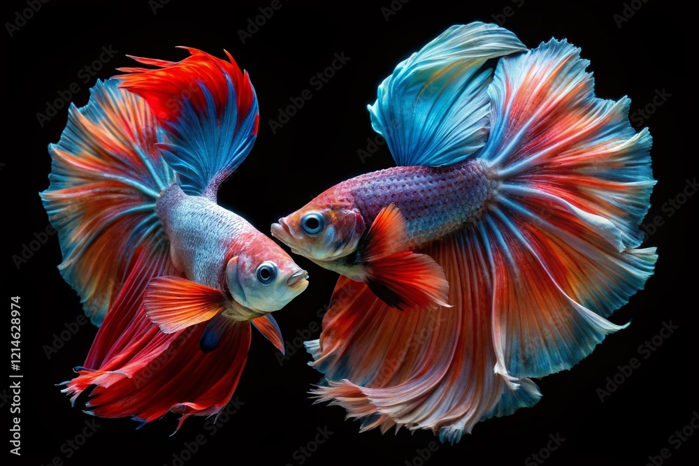 Obraz premium Siamese Fighting Fish, Long Exposure, Black Background, Aquatic Life, Betta Splendens