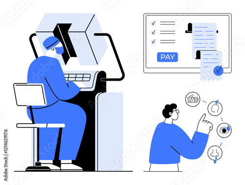 Masked healthcare worker inputting data into a machine, digital payment receipt screen, person navigating interface. Ideal for healthcare management, digital payments, cyber security, data entry