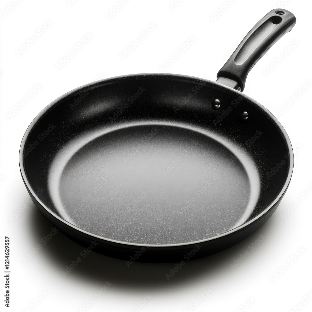 A black frying pan placed on a white surface, ready for cooking A black frying pan placed on a white surface, ready for cooking