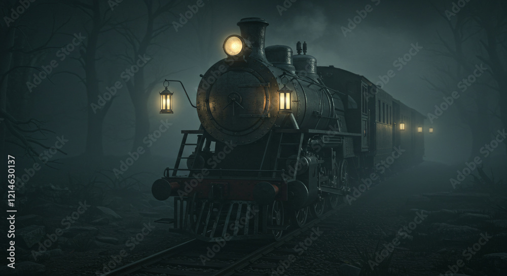 Naklejka premium A haunting, ultra-realistic gothic train from the past century, viewed from the front. The train exudes a dark, eerie, and ghostly atmosphere