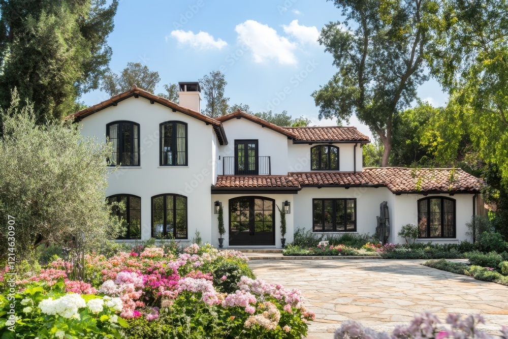 Fototapeta premium This stunning contemporary residence is surrounded by lush, meticulously maintained gardens and vibrant flowers, creating a picturesque scene in a sunny neighborhood during the beautiful spring months