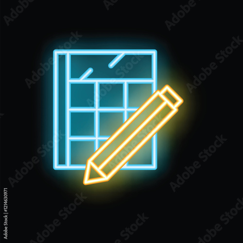 Glowing blue calculator with a yellow pencil symbolizing accounting, finance, and business operations