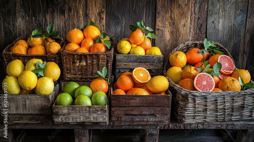 A vibrant collection of fresh citrus fruits, including oranges, lemons, limes, and grapefruits, displayed in a rustic market setting