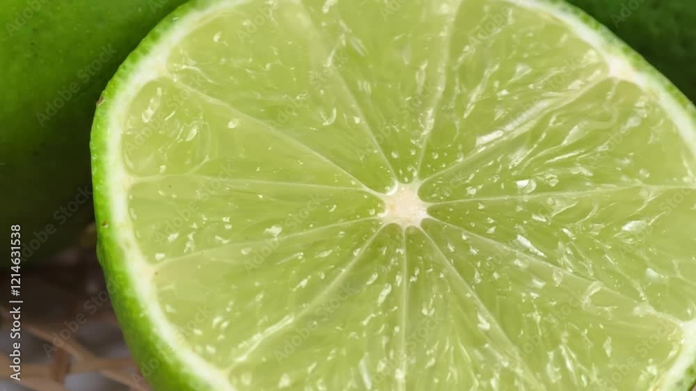 Fresh green lime slices circle rotation close up Fresh green lime slices circle rotation close up