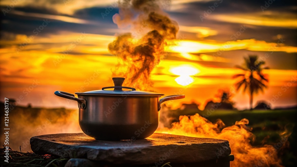 Silhouette of Aloo Tarkari Cooking Pot at Sunset - Indian Cuisine Silhouette of Aloo Tarkari Cooking Pot at Sunset - Indian Cuisine