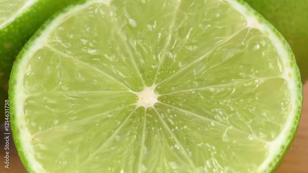 Fresh green lime slices circle rotation close up Fresh green lime slices circle rotation close up