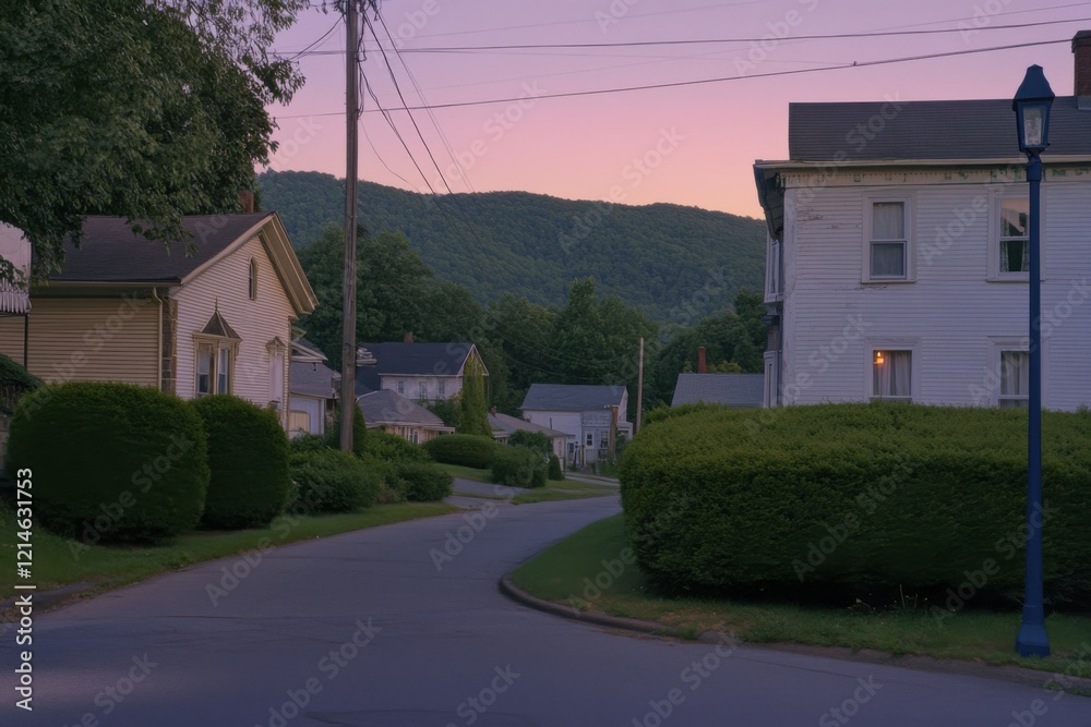 A serene evening unfolds in a quaint small-town neighborhood, where gentle hills rise softly against the horizon during the enchanting twilight hours A serene evening unfolds in a quaint small-town neighborhood, where gentle hills rise softly against the horizon during the enchanting twilight hours