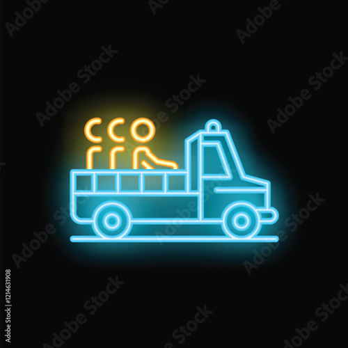 Glowing neon line fire truck icon isolated on brick wall background. Fire engine. Fire extinguisher. Fireman. Vector illustration