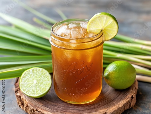 A revitalizing pandan leaf and lemongrass iced tea, garnished with a slice of lime, served in a mason jar photo