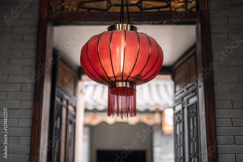 Red Chinese Lantern Hanging in Doorway