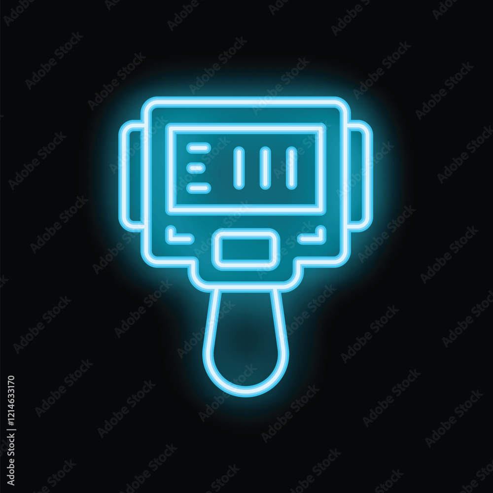 Bright blue neon barcode scanner icon glowing on dark background Bright blue neon barcode scanner icon glowing on dark background