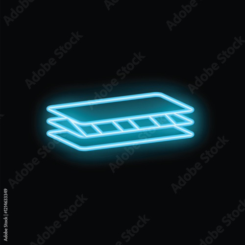 Blue neon icon of breathable material layers showing airflow on a black background