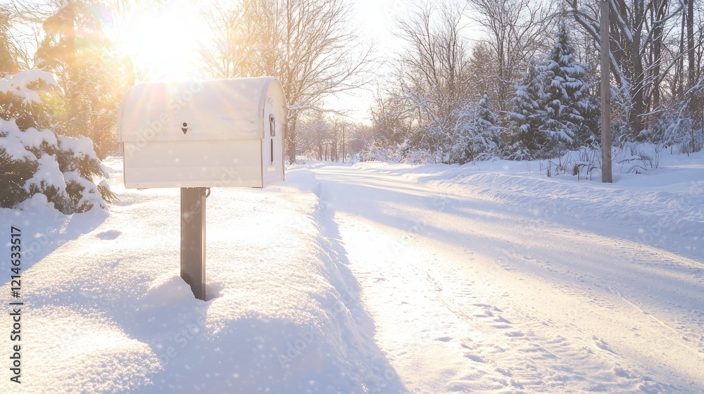 Fototapeta premium Winter Glow: Serene Rural Mailbox Covered in Fresh Snow Under Early Sunlight - Ultra-Detailed Cinematic Image