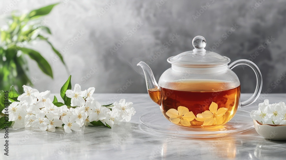 A calming jasmine flower tea served in a delicate glass teapot with fresh jasmine blooms nearby A calming jasmine flower tea served in a delicate glass teapot with fresh jasmine blooms nearby