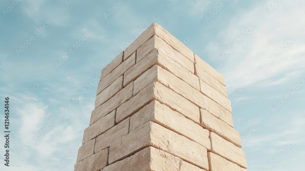 Low-angle view of a beige stone tower against a blue sky. Low-angle view of a beige stone tower against a blue sky.