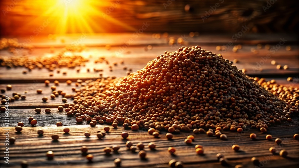 Fototapeta premium Silhouette of Dried Perilla Seeds on Rustic Wooden Background - Natural Food Texture