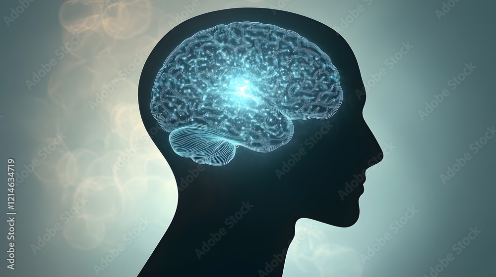 Illuminated Brain Within A Human Head Silhouette Illuminated Brain Within A Human Head Silhouette