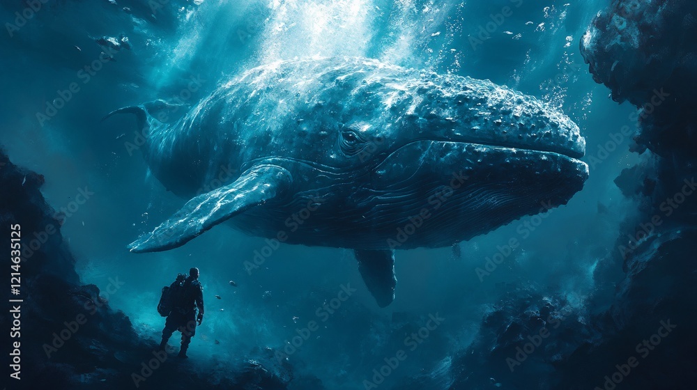 Fototapeta premium Diver swimming with a massive whale in the deep sea, tranquil and majestic underwater environment, ideal for marine exploration and adventure visuals.