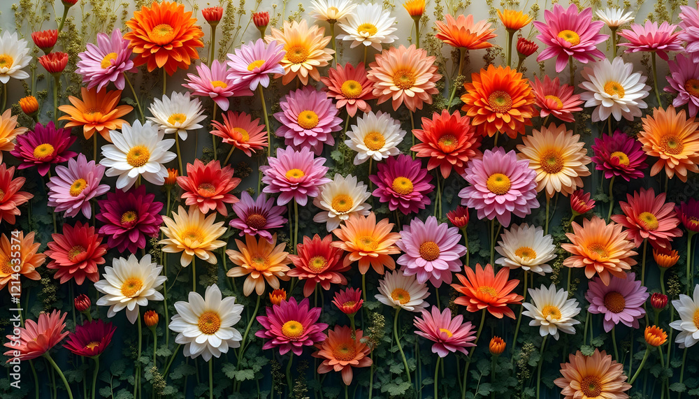 A dynamic floral wall filled with blooming chrysanthemums, daisies, and other wildflowers, bursting with radiant colors and natural beauty. A dynamic floral wall filled with blooming chrysanthemums, daisies, and other wildflowers, bursting with radiant colors and natural beauty.