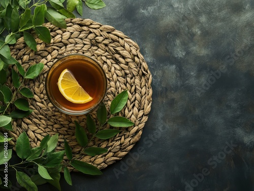 A nutrient-packed moringa tea with fresh leaves and a wedge of lemon, placed on a rustic woven mat photo