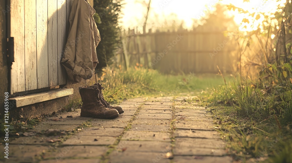 Fototapeta premium Frosty Morning Arrival - Muddy Boots at Doorstep with January Jacket and Soft Sunrise Glow - Ultra-Detailed Cinematic Image