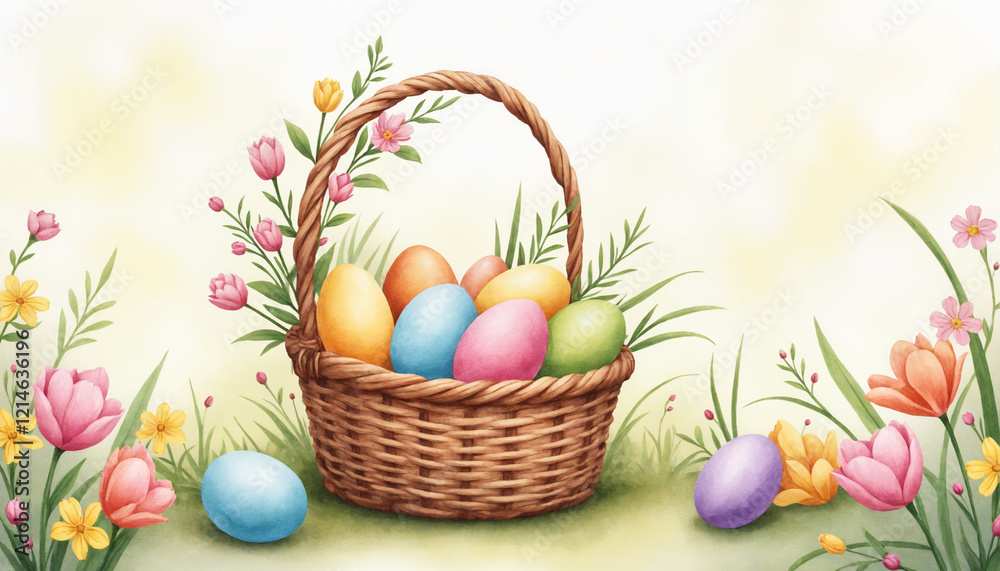 Easter basket filled with colorful eggs surrounded by blooming flowers Easter basket filled with colorful eggs surrounded by blooming flowers