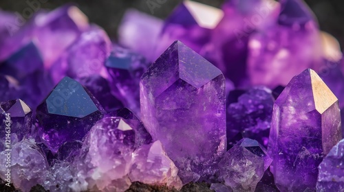 Close up view of amethyst crystals. Deep purple gems cluster together. Natural mineral formations show intricate textures, sparkle. Shiny surfaces reflect light. Ideal for jewelry or decorative items. photo