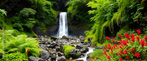 A beautiful tropical waterfall cascading into a clear stream, surrounded by verdant plants and vibrant red flowers photo