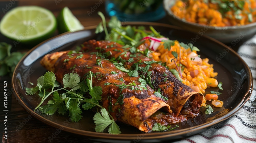 Delicious plate of enchiladas with rice and salad, garnished with cilantro and lime Delicious plate of enchiladas with rice and salad, garnished with cilantro and lime