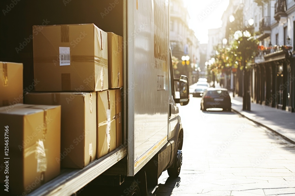 A delivery truck drives down a city street during the day A delivery truck drives down a city street during the day