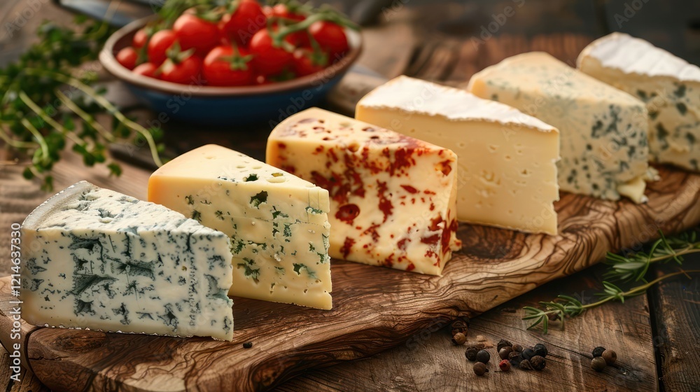 Assorted gourmet cheeses displayed on a rustic wooden board with cherry tomatoes in the background Assorted gourmet cheeses displayed on a rustic wooden board with cherry tomatoes in the background