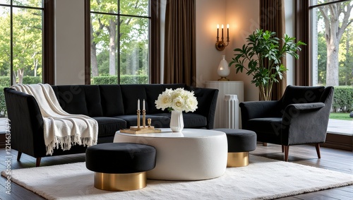 Elegant white coffee table center stage adorned with pristine white roses, flanked by sleek black ottomans, exuding modern sophistication and timeless grace