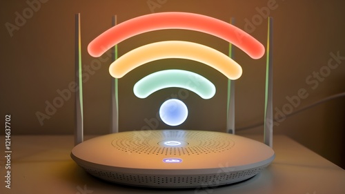 A wifi router with glowing signal strength indicators