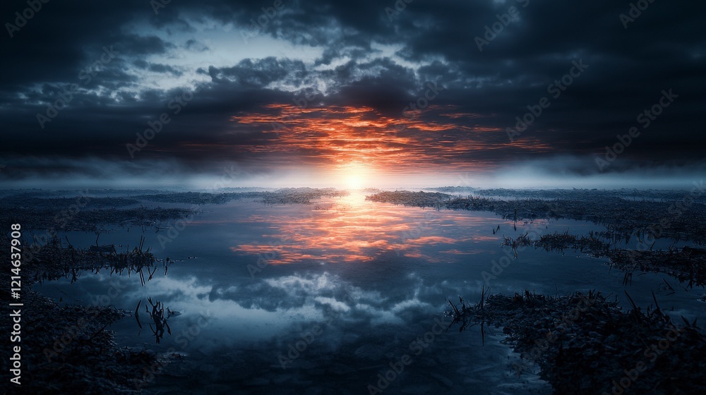 Naklejka premium Fading streaks of solitude dissolving into a hazy land at twilight over a calm lake nature photography serene view