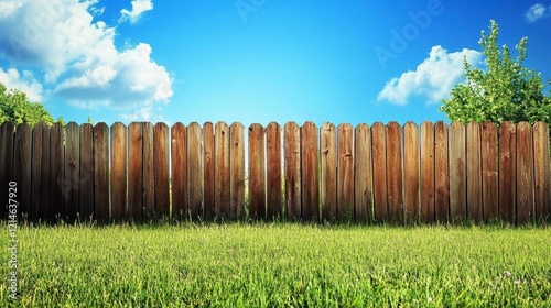 Wooden Fence Under Bright Blue Sky with Fluffy White Clouds