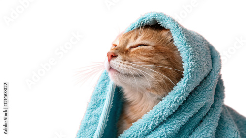 Cat Wrapped in Soft Blue Towel with Fuzzy Texture and Relaxed Expression