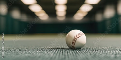 A close-up of a baseball resting on a textured surface, with a blurred background that suggests an indoor sports facility.