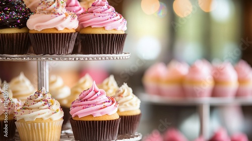 A delightful display of cupcakes in various flavors, beautifully decorated with swirls of frosting and edible glitter.