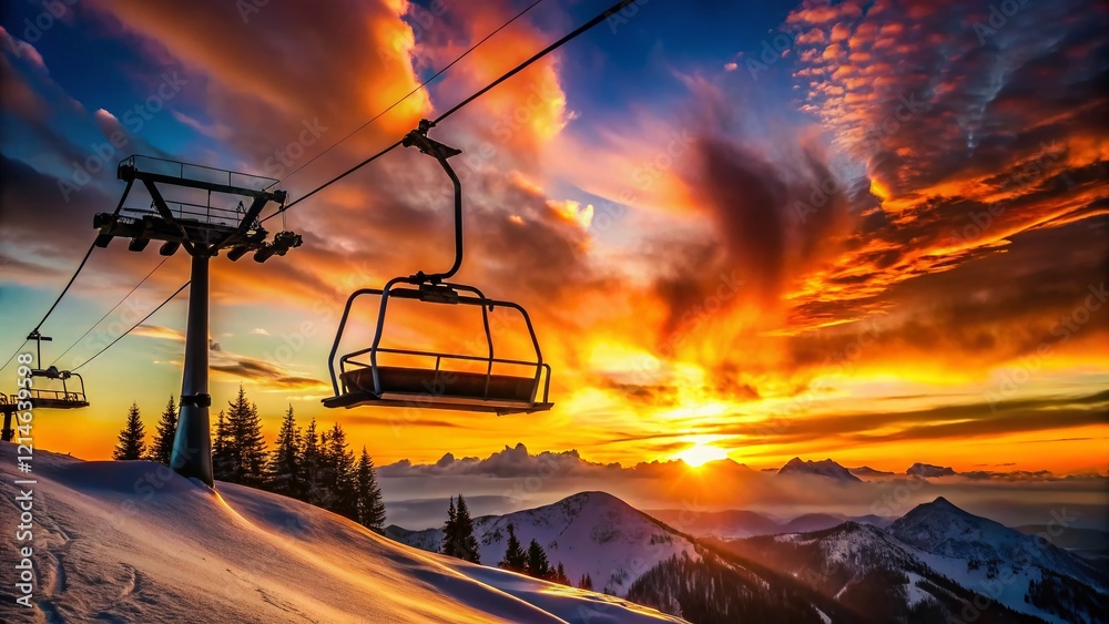 Fototapeta premium Silhouette of Ski Lift Ascending Snowy Mountain at Sunset