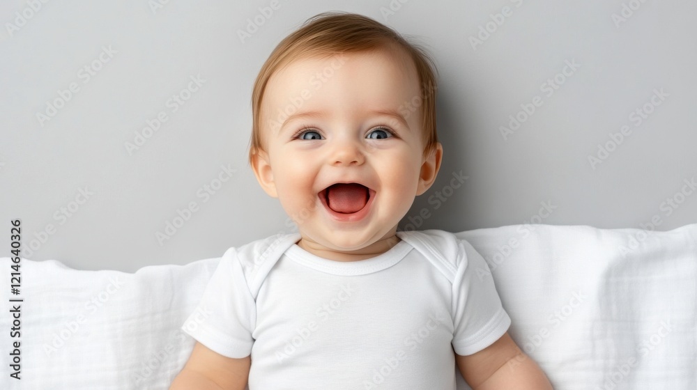 Joyful baby with bright smile on neutral background showcasing happiness and innocence in a cozy setting Joyful baby with bright smile on neutral background showcasing happiness and innocence in a cozy setting