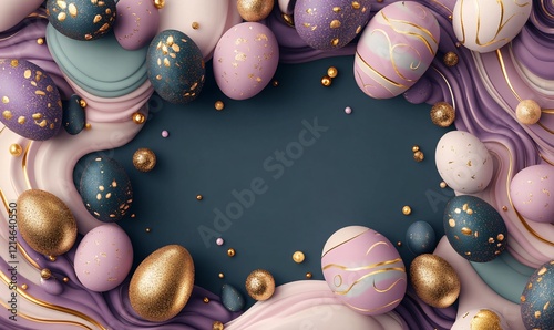 festive easter eggs with bright bibrant colours, golden dust and sparkles, colour waves. Top view.