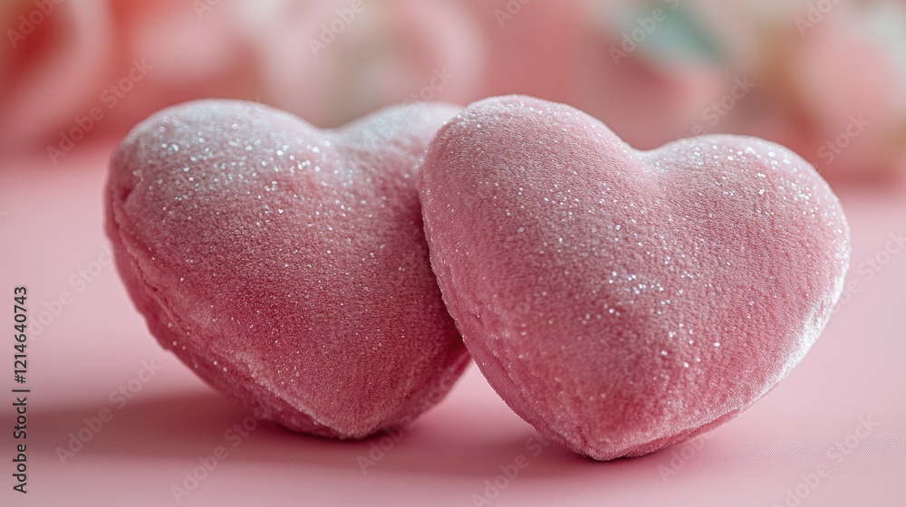 Two pink heart-shaped candies on a pink surface, perfect for Valentine's Day or romantic-themed projects Two pink heart-shaped candies on a pink surface, perfect for Valentine's Day or romantic-themed projects