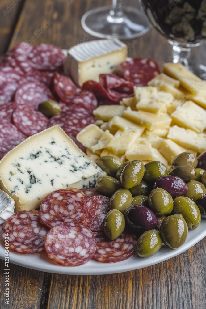 A platter filled with various meats, cheeses, olives, and crackers for a snack or appetizer A platter filled with various meats, cheeses, olives, and crackers for a snack or appetizer