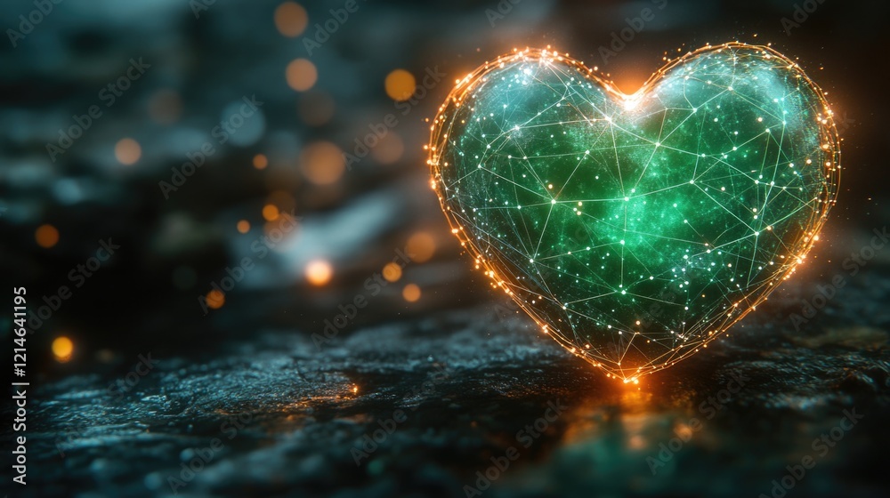 Fototapeta premium A shining green heart is lit up on a dark background, creating a striking visual effect