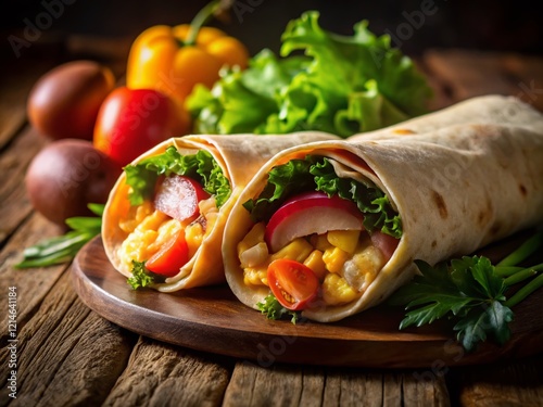 Silhouette of Vintage Breakfast Burrito, Ham & Eggs with Salad
