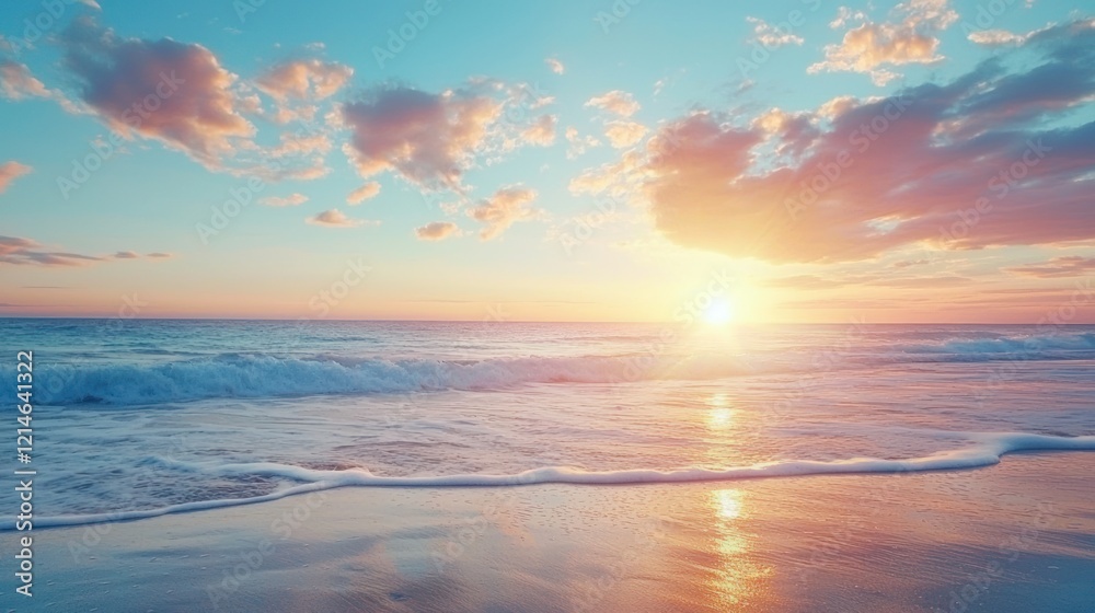 A vibrant sunrise over a serene beach, with the sun just peeking above the horizon. A vibrant sunrise over a serene beach, with the sun just peeking above the horizon.