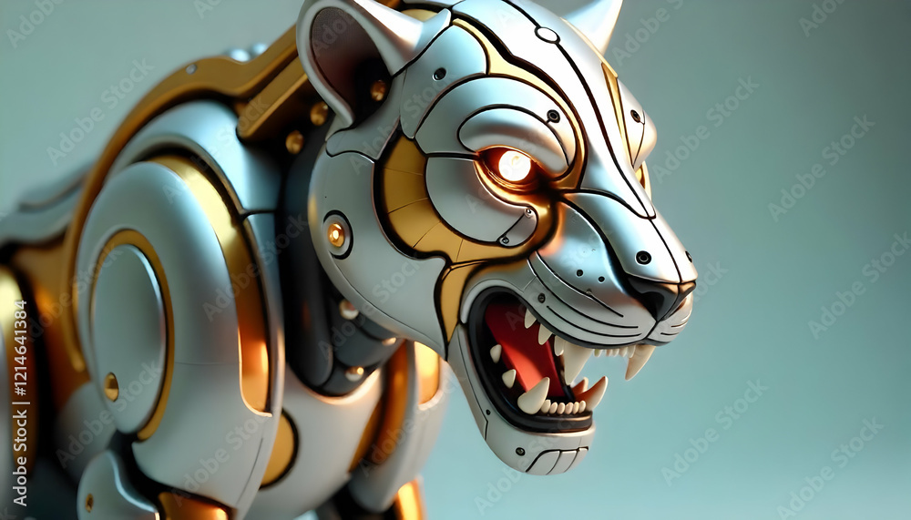 Fototapeta premium Metallic robotic tiger with detailed gold accents and a glowing eye in 3D render