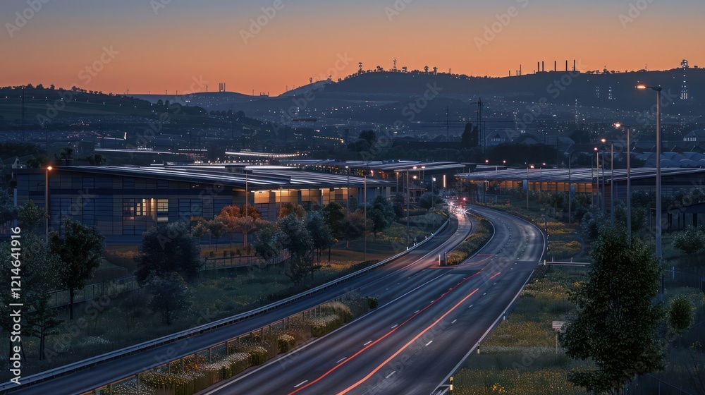 Serene twilight view of a winding highway with illuminated buildings and distant hills Serene twilight view of a winding highway with illuminated buildings and distant hills